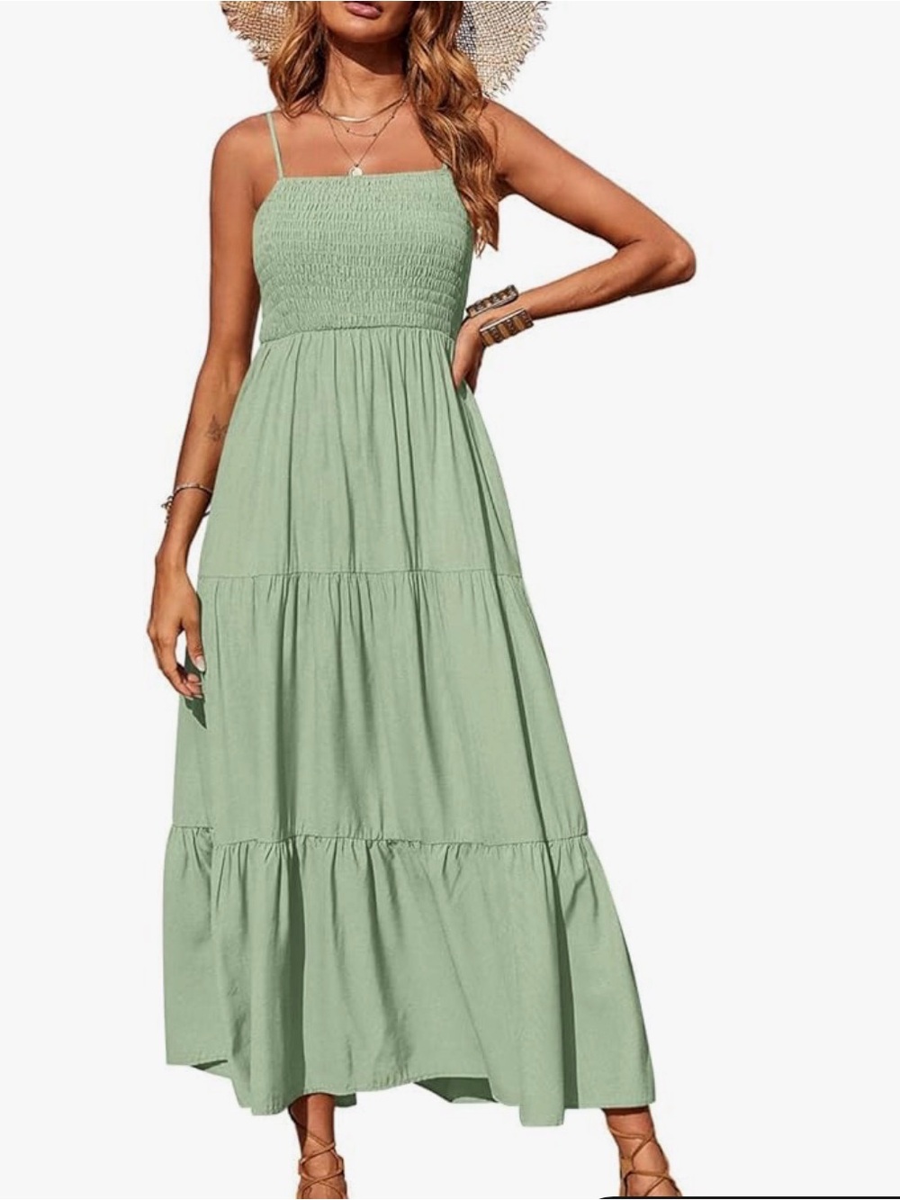 Maxi Dress in Light Mint Green - Smocked